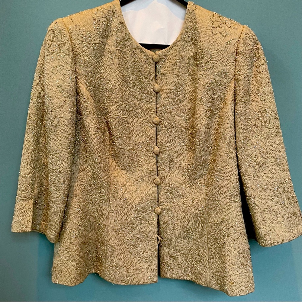 Carmen Marc Valvo Silk Beaded taupe blazer. Size 12.